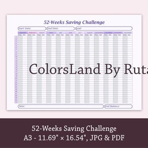 52 Week Savings Challenge Printable: Yearly Money Tracker (A3 PDF/JPG Download)