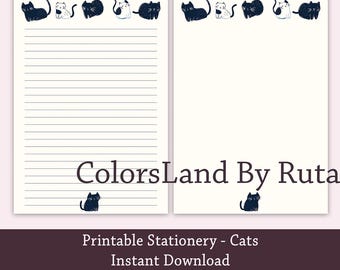 May include: Printable stationery featuring a black and white cat design. The paper is lined and includes the text "ColorsLand By Ruta", "Printable Stationery - Cats", "Instant Download", and "A4 & Letter, Lined & Unlined".