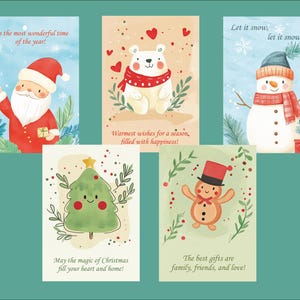 Kerstkaart, set van 5 afdrukbare kerstkaarten, 5 x 7 wenskaarten, voor- en achterkant, winterkaarten, digitale download afdrukbaar