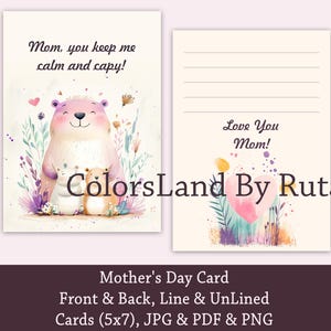 Digital Mothers Day Card, Capybara Mother&#39;s Day Card, Printable Mother Day Card, Printable Card for Mother, Front and Back, Instant Download