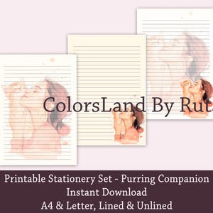 Printable Stationery Lined Paper Girl and Cat Stationery Set Writing Paper Friends Stationery Printable Digital Paper Set A4 US Letter