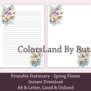 Spring Flower Stationery Paper, Printable Writing Paper, Printable Writing Stationery, Printable Stationery, A4 US Letter, Instant Download