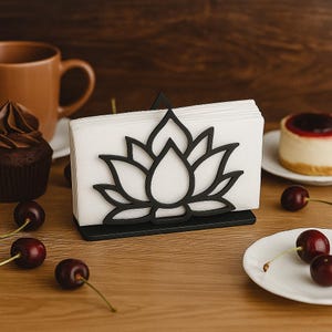Porta tovaglioli in metallo a forma di fiore di loto / Porta tovaglioli da tavolo moderno nero / Decorazione da cucina zen / Elegante idea regalo per accessori da pranzo