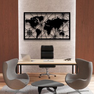 Metalen muurkunst wereldkaart | Grote metalen wanddecoratie | Moderne zwarte metalen kaart | Geometrische metalen wandhanger | Reiscadeau voor thuis en op kantoor