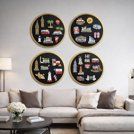 3D Gold Frame Circle Magnet Board, Modern Travel Photo Display