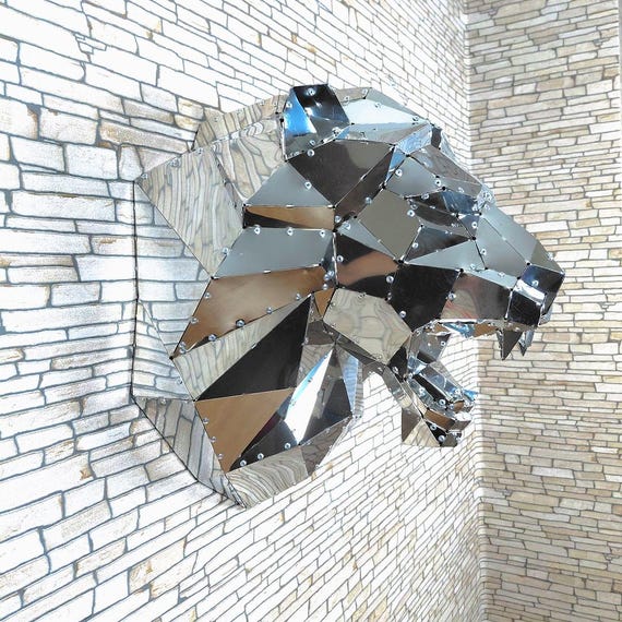 Stainless Steel Geometric Lion Head, 3D Metal Wall Art Sculpture