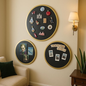 3D Round GoldFrame Magnet Display Board| Metal Magnet Board| Wall Mounted Magnetic Board|Modern Fridge Magnet Holder|Travel Souvenir Display