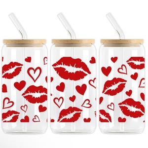 Lábios e corações vermelhos, envoltório UV DTF Valentines, pronto para aplicar, envoltório de copo de 16 oz
