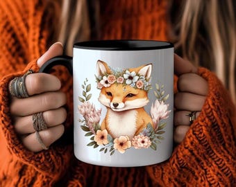 Mok ontwerp met vos en bloem – Schattige koffiekop met bosdieren, keramische theemok met bloemen, cadeau voor natuurliefhebber voor vrienden en collega's