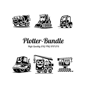 Plotterdatei Baumaschinen svg, png, dxf, eps – Gravurdatei Kinder Baustellenfahrzeuge, DIY Cartoon Bagger, Kran & Betonmischer