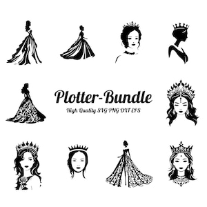 May include: A set of nine black and white silhouette images of women wearing crowns and dresses. The images are for use with a cutting machine and are labeled "Plotter-Bundle High Quality SVG PNG DXF EPS".