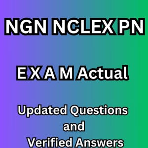 May include: A gradient background of purple, blue, and green with white text. The text reads "LATEST VERSION", "NGN NCLEX PN", "EXAM Actual", "Updated Questions and Verified Answers", and "A+ GUARANTEED".