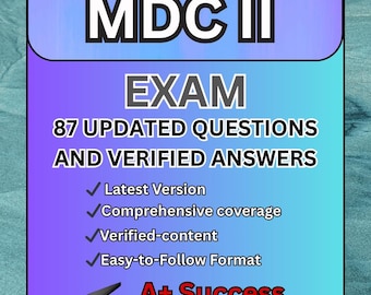 以下が含まれることがあります： 紫と青のグラデーションの背景を持つ本の表紙。「MDC II EXAM」というタイトルが大きな白い文字で書かれています。表紙には「87 UPDATED QUESTIONS AND VERIFIED ANSWERS」と「A+ Success Guarnteed」というテキストも含まれています。卒業キャップが一番下にあります。