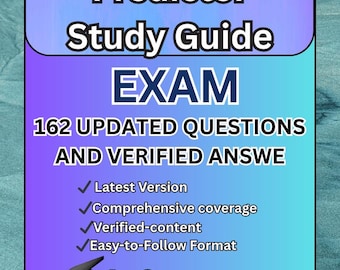 以下が含まれることがあります： 「Predictor Study Guide EXAM」というタイトルの学習ガイド。テキストは「162 UPDATED QUESTIONS AND VERIFIED ANSWERS」です。表紙は青と紫のグラデーションで、卒業帽のグラフィックと「A+ Success Guaranteed」というテキストが描かれています。