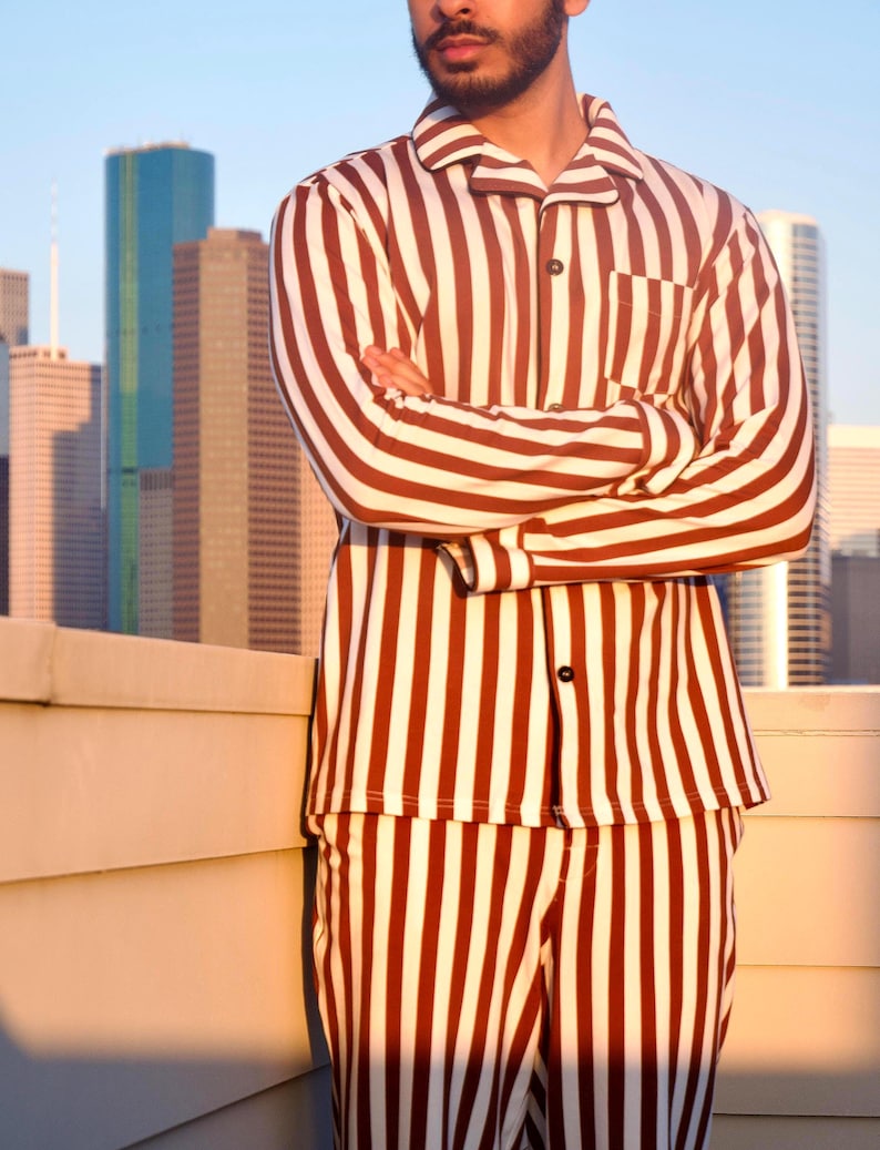 Pijama de rayas para hombre, 95 % algodón turco Brown/White