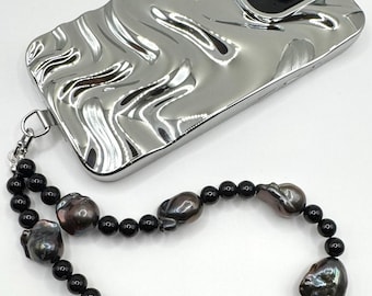 Metallic Baroque Pearl and Onyx Phone Charm