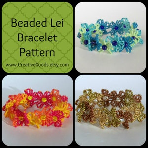 May include: Image features four beaded lei bracelets in different color schemes. The bracelets are made of small beads arranged in a floral pattern. The text "Beaded Lei Bracelet Pattern" and a website address are also visible.