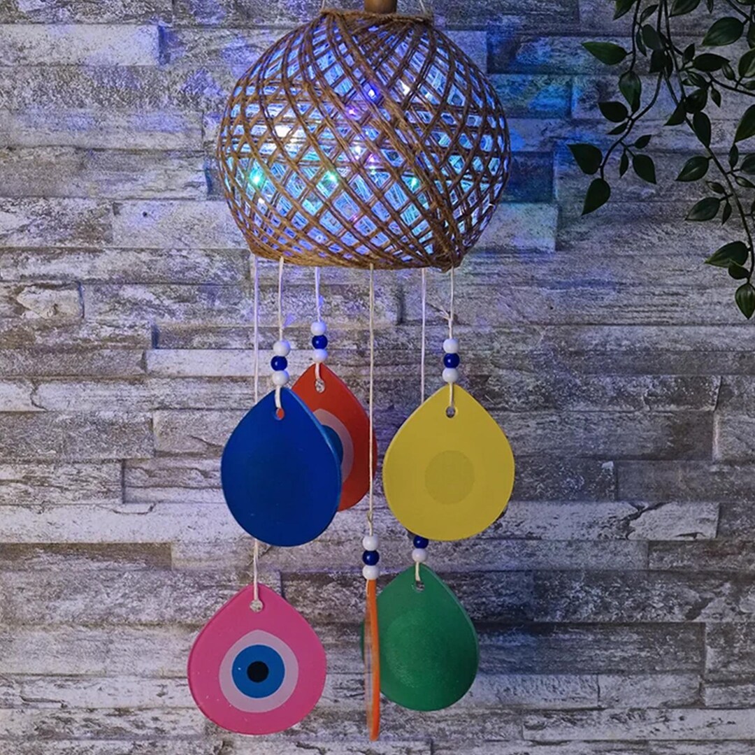 Raffia Wind Chime, Decorative Evil Eye Beaded and LED Lighted Raffia ...