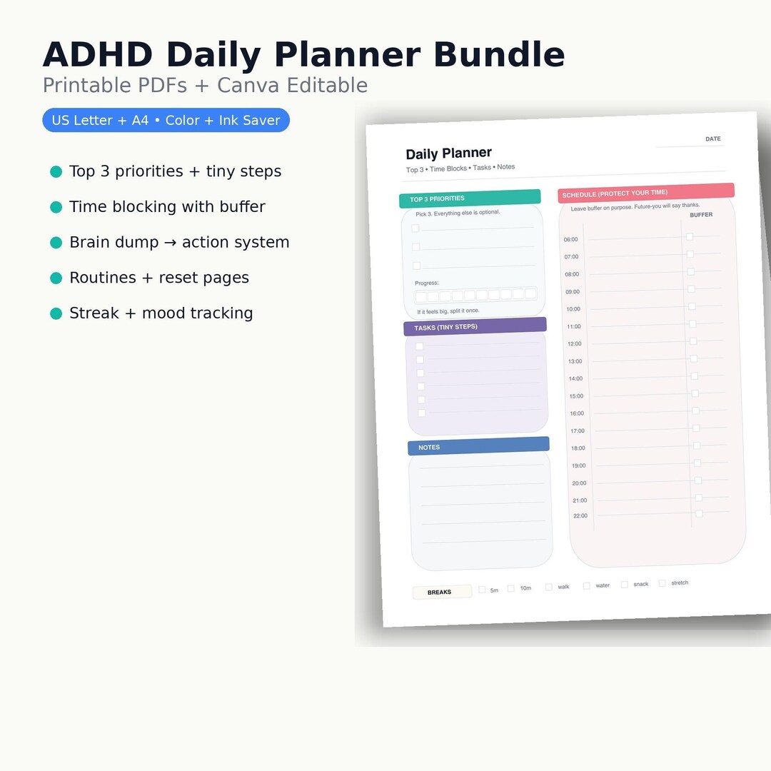 ADHD Daily Planner Printable + Canva Editable Template, Time Blocking ...