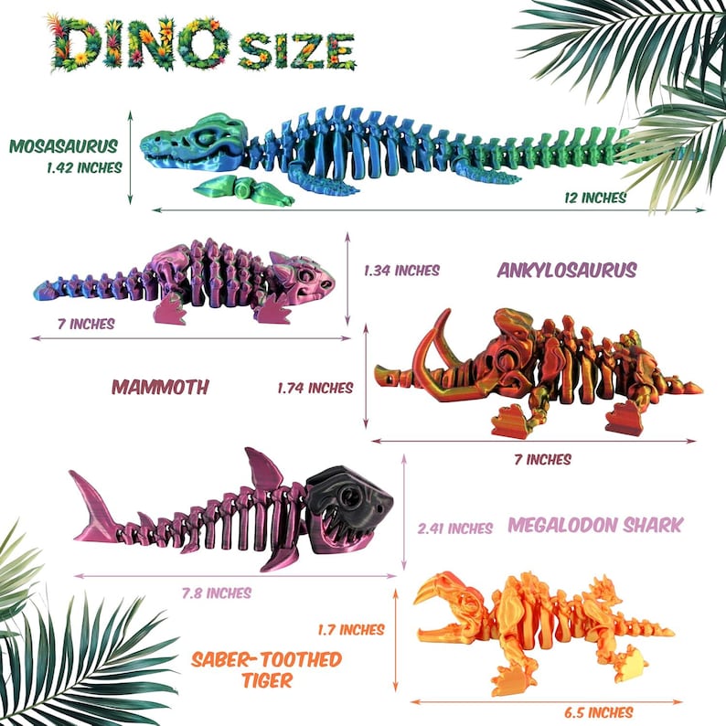 May include: Image features several articulated dinosaur models, including a blue and green Mosasaurus (12 inches), a purple Mammoth (7 inches), an orange and brown Ankylosaurus (7 inches), a pink Megalodon Shark (7.8 inches), and an orange Saber-Toothed Tiger (6.5 inches). The text "DINO SIZE" is at the top.