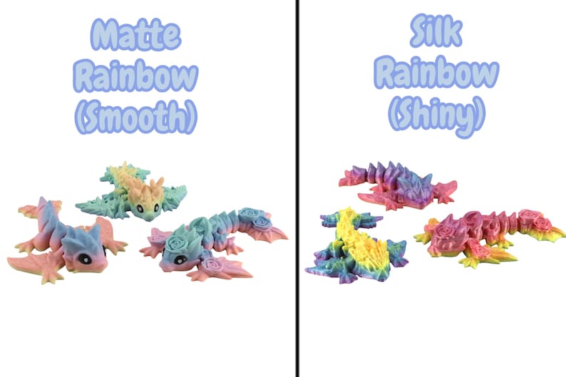 May include: Articulated rainbow dragons are displayed, with matte and silk finishes. Text above reads "Matte Rainbow (Smooth)" and "Silk Rainbow (Shiny)". The dragons are in different poses and feature a gradient of colours.