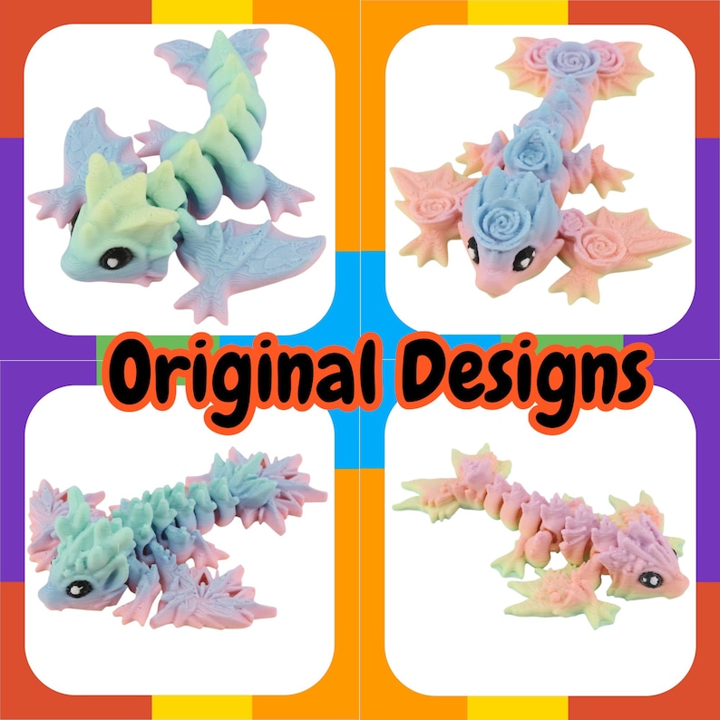 May include: Four pastel-coloured dragon figurines in a square grid. Each dragon has wings and detailed features. The text "Original Designs" is in the centre.
