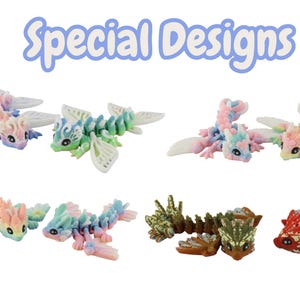 May include: Several articulated dragon figurines in pastel shades of pink, blue, and green, with white wings. The text "Special Designs" is above the figurines. These fantasy creatures are designed with intricate details.