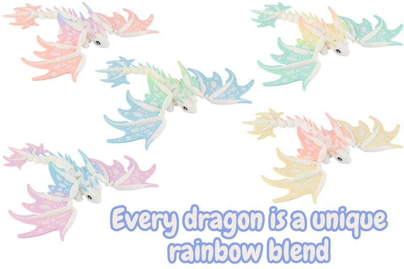 May include: Several colorful dragon figurines with rainbow wings and bodies are displayed against a white background. The text "Every dragon is a unique rainbow blend" is also visible. The dragons are in shades of pink, blue, yellow, and green.