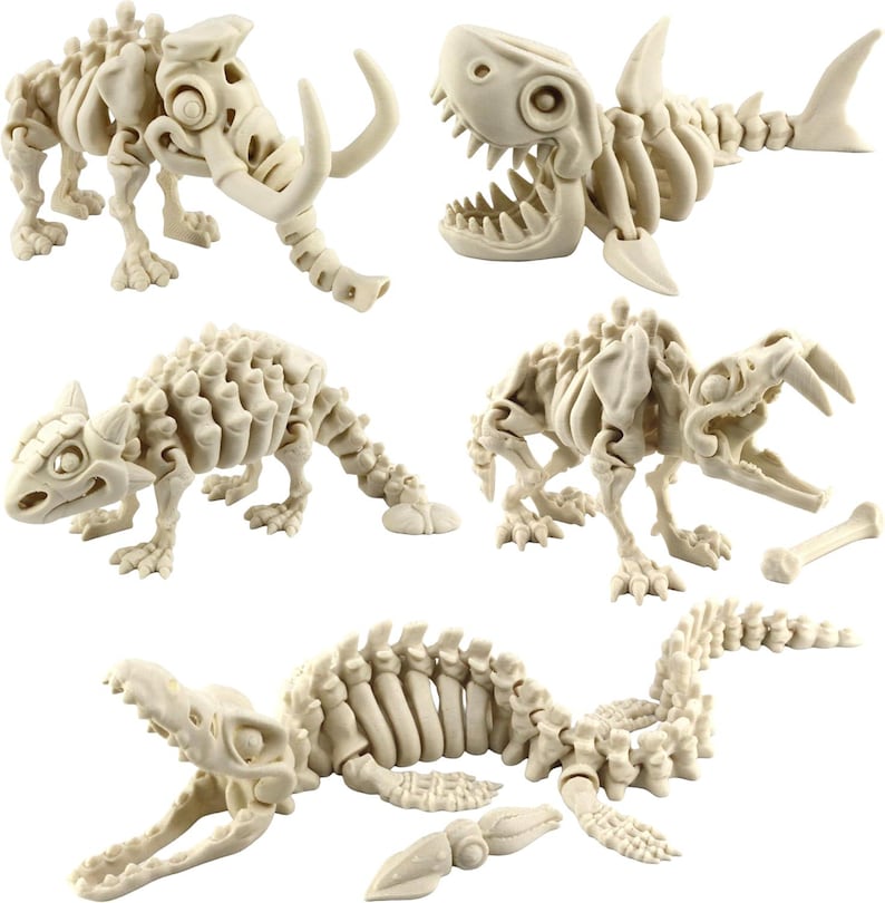 May include: A collection of off-white plastic toy skeletons of prehistoric creatures. The set includes a woolly mammoth, a shark, a dinosaur, a pterodactyl, and a plesiosaur. Each skeleton is articulated and detailed.