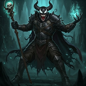 May include: A dark, menacing figure with horns and a skull-topped staff. The figure is wearing black armor and a tattered cape. The figure's face is obscured by a black mask with a wide, toothy grin.