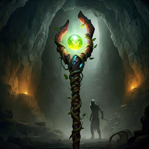May include: A wooden staff with vines wrapped around it, topped with a glowing green orb. The staff is in a dark cave setting with a figure standing in the background.