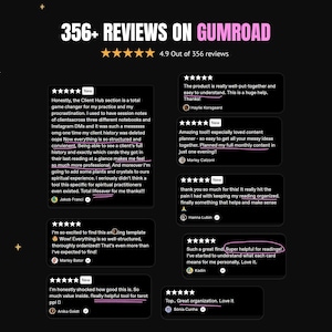 May include: Black graphic with text "356+ REVIEWS ON GUMROAD" and customer reviews. The reviews are in white text on black rectangles, with star ratings and user comments. The overall rating is 4.9 out of 356 reviews.
