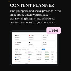 May include: A digital content planner displayed on a tablet, with the title "CONTENT PLANNER" at the top. The screen shows a table with social media platform categories like TikTok, YouTube, and Newsletter. A pink "Free" label is in the upper right corner.