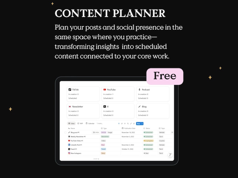 May include: A digital content planner displayed on a tablet, with the title "CONTENT PLANNER" at the top. The screen shows a table with social media platform categories like TikTok, YouTube, and Newsletter. A pink "Free" label is in the upper right corner.