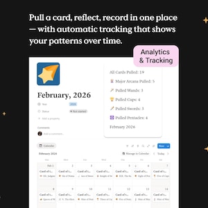 May include: A digital interface with the text "Pull a card, reflect, record in one place". The interface displays a calendar for February 2026, with card details and analytics, including "All Cards Pulled: 19".