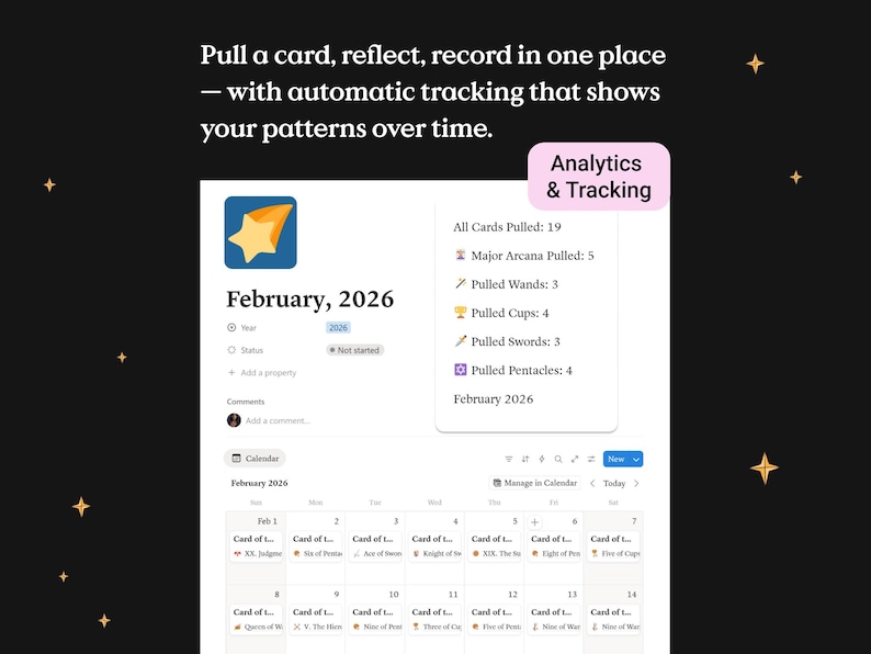 May include: A digital interface with the text "Pull a card, reflect, record in one place". The interface displays a calendar for February 2026, with card details and analytics, including "All Cards Pulled: 19".