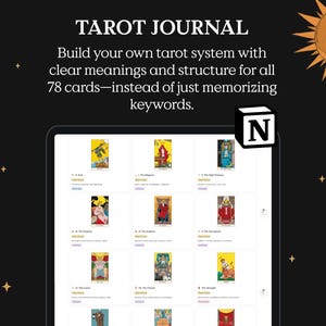 Tarot card meanings Notion template, tarot journal for all 78 cards, structured learning system for tarot readers