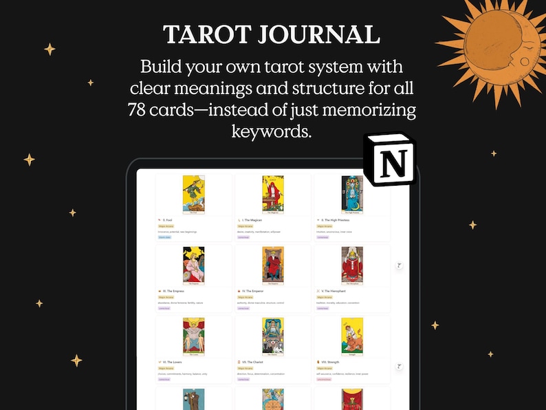 Tarot card meanings Notion template, tarot journal for all 78 cards, structured learning system for tarot readers