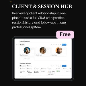 May include: A digital tablet displaying a client database interface with the text "CLIENT & SESSION HUB" at the top. The screen shows client profiles and session details. A pink banner reads "Free". The background is black with gold stars.