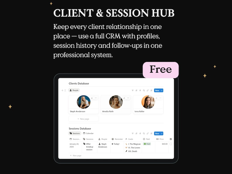 May include: A digital tablet displaying a client database interface with the text "CLIENT & SESSION HUB" at the top. The screen shows client profiles and session details. A pink banner reads "Free". The background is black with gold stars.