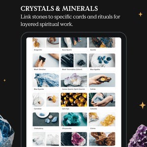 May include: A digital display featuring a grid of crystals and minerals, with text that reads "CRYSTALS & MINERALS." The image includes various stones like Black Obsidian, Blue Kyanite, and Cat's Eye, with a dark background and star accents.