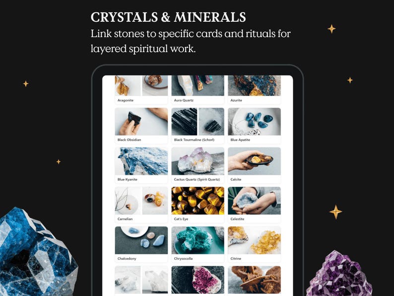May include: A digital display featuring a grid of crystals and minerals, with text that reads "CRYSTALS & MINERALS." The image includes various stones like Black Obsidian, Blue Kyanite, and Cat's Eye, with a dark background and star accents.
