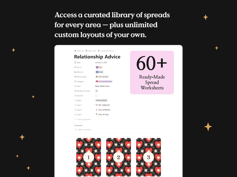 May include: Digital tarot spread worksheet with the text "Relationship Advice." The image includes a pink box with the text "60+ Ready-Made Spread Worksheets." Three tarot cards are displayed at the bottom.