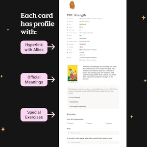 May include: A digital page with the title "VIII. Strength" and text describing the card's meaning. The page includes sections for "Hyperlink with Allies", "Official Meanings", and "Special Exercises". The background is black with gold stars.