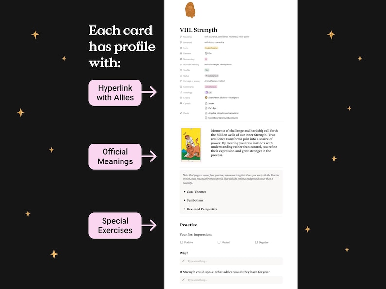 May include: A digital page with the title "VIII. Strength" and text describing the card's meaning. The page includes sections for "Hyperlink with Allies", "Official Meanings", and "Special Exercises". The background is black with gold stars.