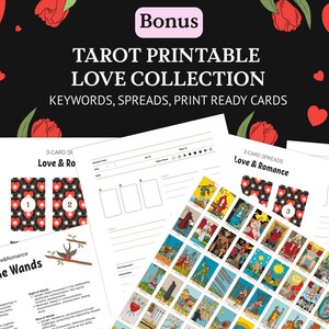 May include: Printable tarot cards and spreads for love readings. The image features a collection of tarot cards, spreads, and keywords. The text on the image reads "TAROT PRINTABLE LOVE COLLECTION" and "KEYWORDS, SPREADS, PRINT READY CARDS."