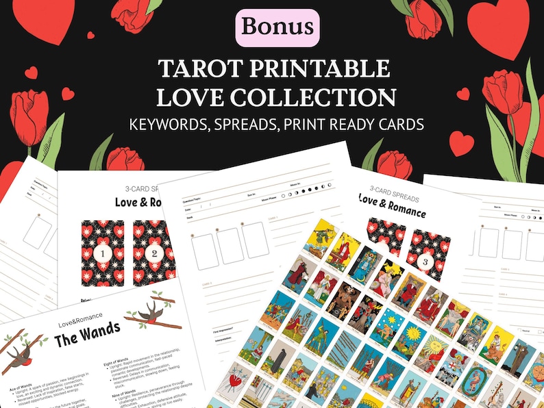 May include: Printable tarot cards and spreads for love readings. The image features a collection of tarot cards, spreads, and keywords. The text on the image reads "TAROT PRINTABLE LOVE COLLECTION" and "KEYWORDS, SPREADS, PRINT READY CARDS."