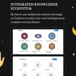 May include: Two tablets displaying information about astrology and chakras. The top tablet shows colorful chakra symbols with labels. The bottom tablet displays zodiac signs. The background is black with a hand, moon, and stars.