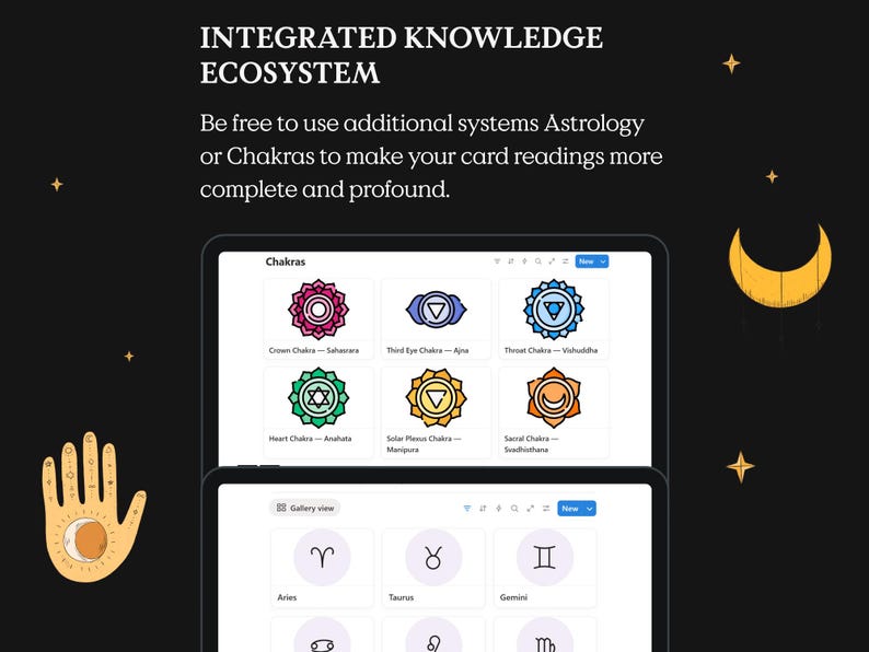 May include: Two tablets displaying information about astrology and chakras. The top tablet shows colorful chakra symbols with labels. The bottom tablet displays zodiac signs. The background is black with a hand, moon, and stars.