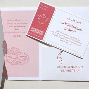 Voucher de café da manhã personalizado para imprimir | Download em PDF com embalagem de voucher – ideia de presente de última hora